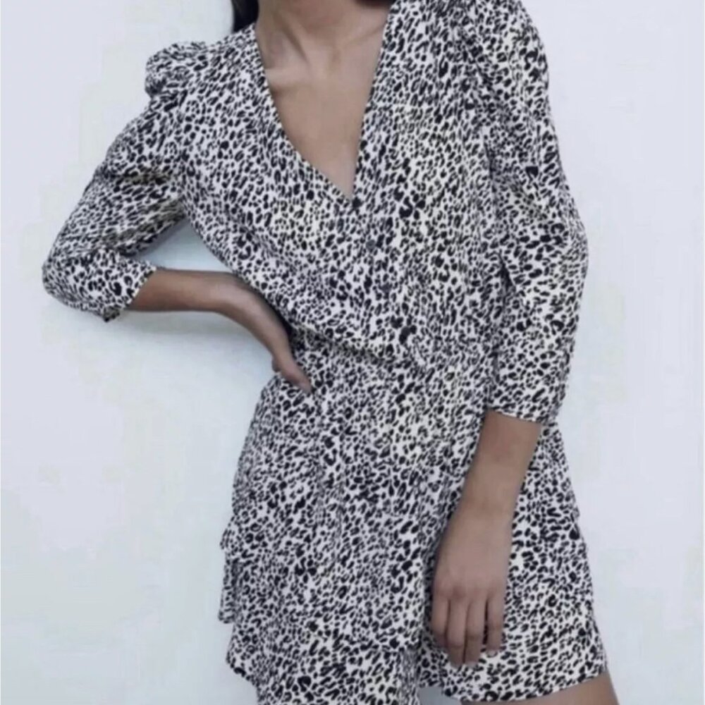 Zara Animal Print Mini Tiered Dress, Long Sleeve Women's Size XS